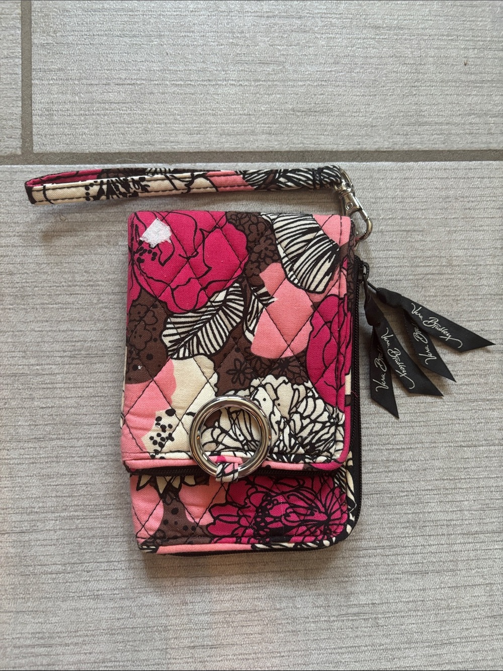 Vera Bradley Pink Floral Quilted Wristlet Wallet with Brown Accents